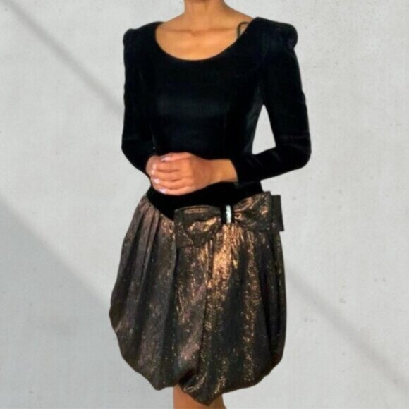 Rimini Black Vintage Velvet and Metallic Bubble Skirt Dress - Picture 3 of 16